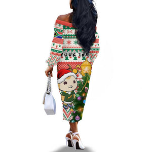 Personalized South Africa Rugby Christmas Off The Shoulder Long Sleeve Dress with Cute Springbok and Christmas Tree