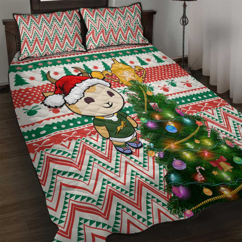 South Africa Rugby Christmas Quilt Bed Set with Cute Springbok and Christmas Tree