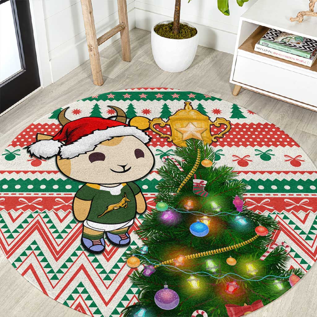 South Africa Rugby Christmas Round Carpet with Cute Springbok and Christmas Tree