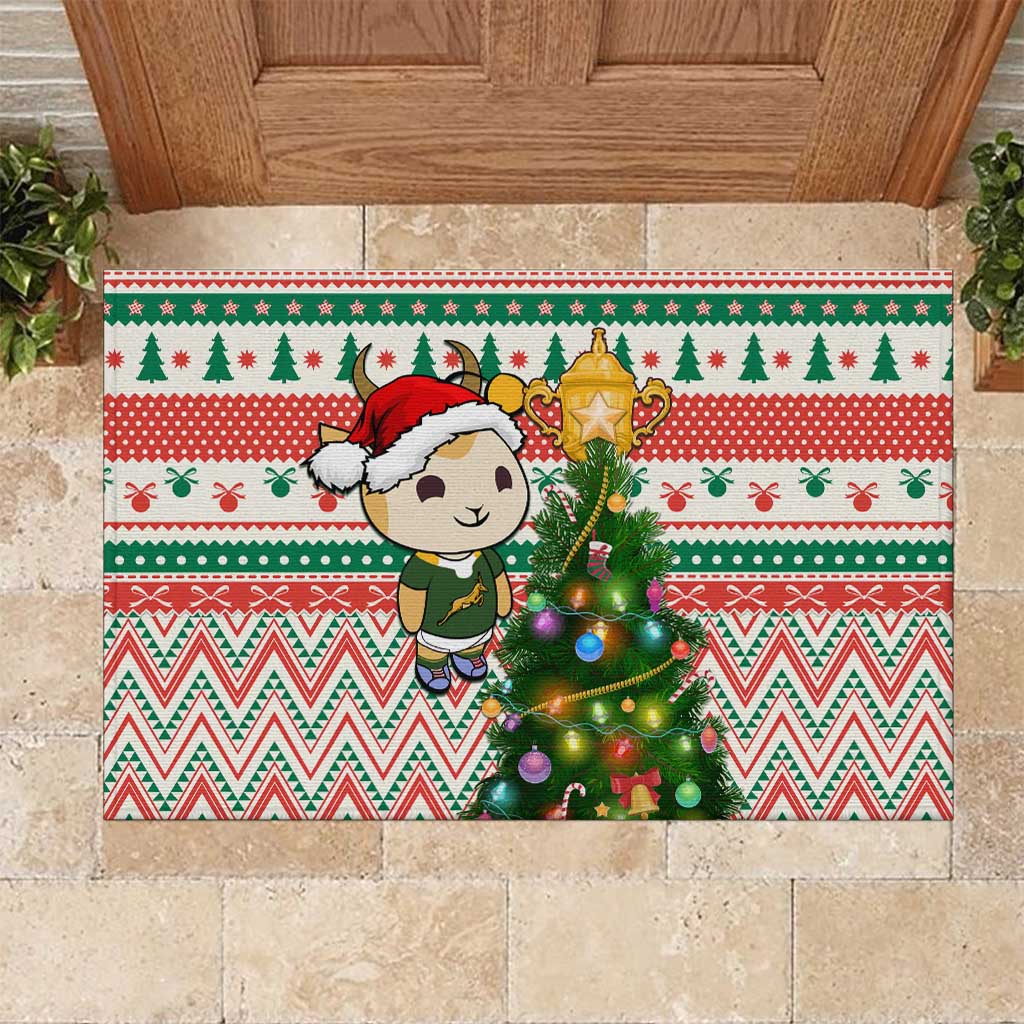 South Africa Rugby Christmas Rubber Doormat with Cute Springbok and Christmas Tree