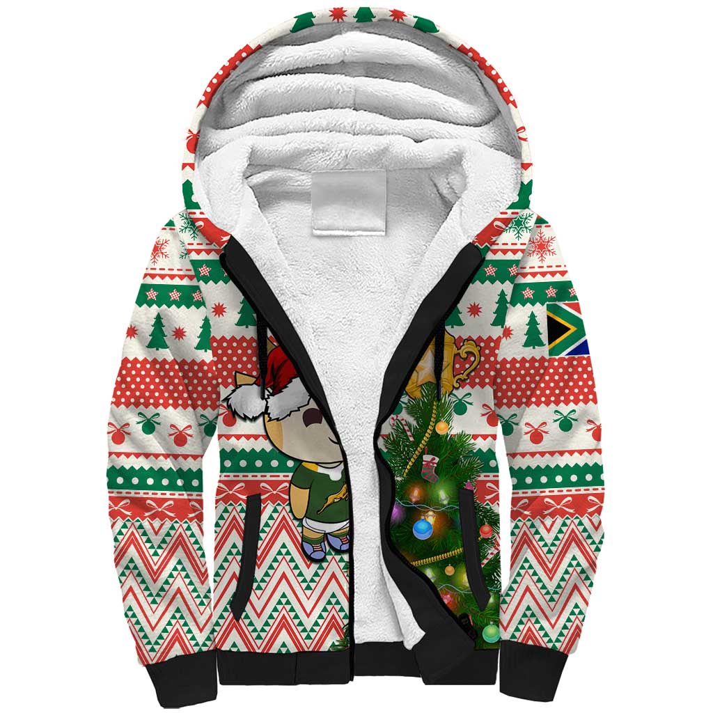 Personalized South Africa Rugby Christmas Sherpa Hoodie with Cute Springbok and Christmas Tree