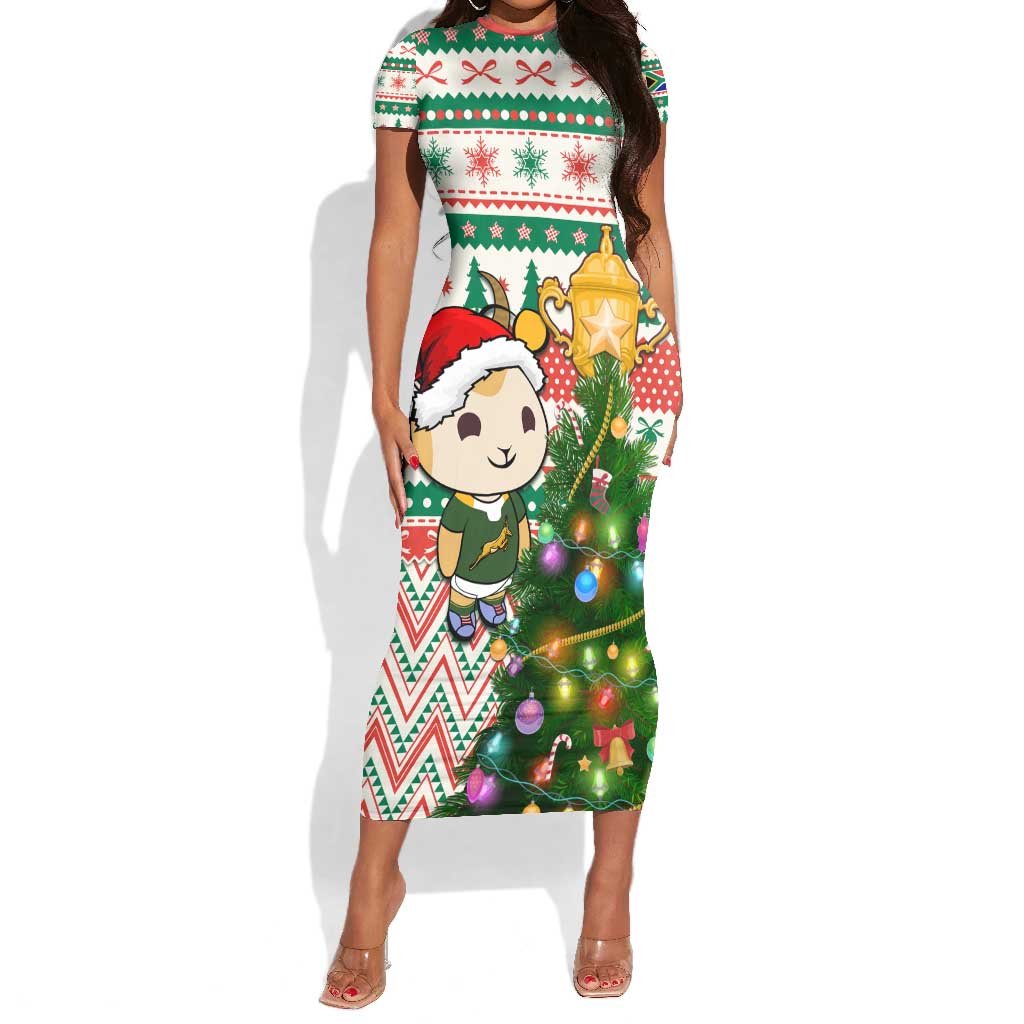 Personalized South Africa Rugby Christmas Short Sleeve Bodycon Dress with Cute Springbok and Christmas Tree LT01