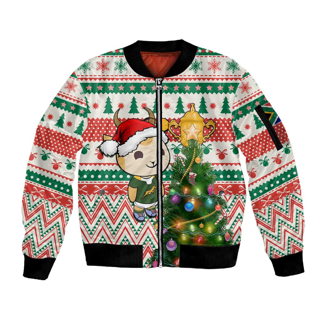 Personalized South Africa Rugby Christmas Sleeve Zip Bomber Jacket with Cute Springbok and Christmas Tree