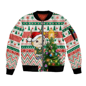 Personalized South Africa Rugby Christmas Sleeve Zip Bomber Jacket with Cute Springbok and Christmas Tree