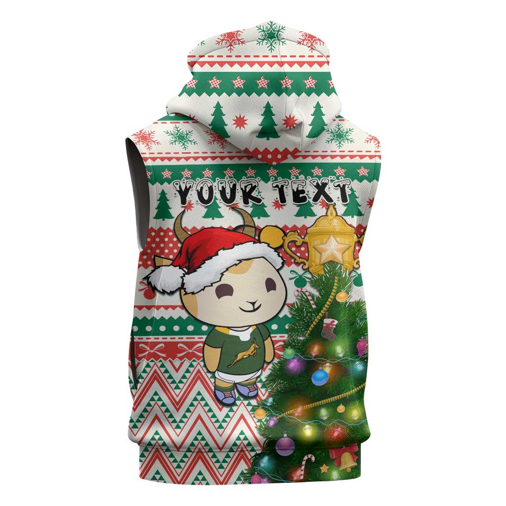 Personalized South Africa Rugby Christmas Sleeveless Hoodie with Cute Springbok and Christmas Tree - African Pride