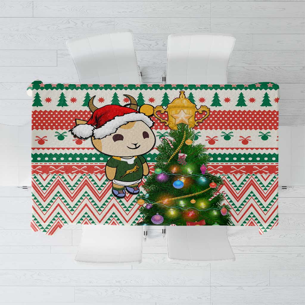 South Africa Rugby Christmas Tablecloth with Cute Springbok and Christmas Tree