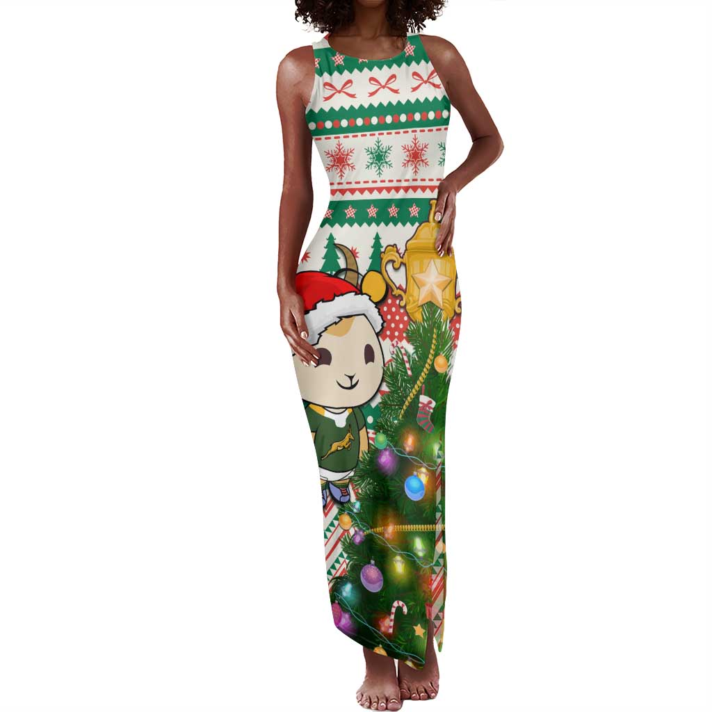 Personalized South Africa Rugby Christmas Tank Maxi Dress with Cute Springbok and Christmas Tree