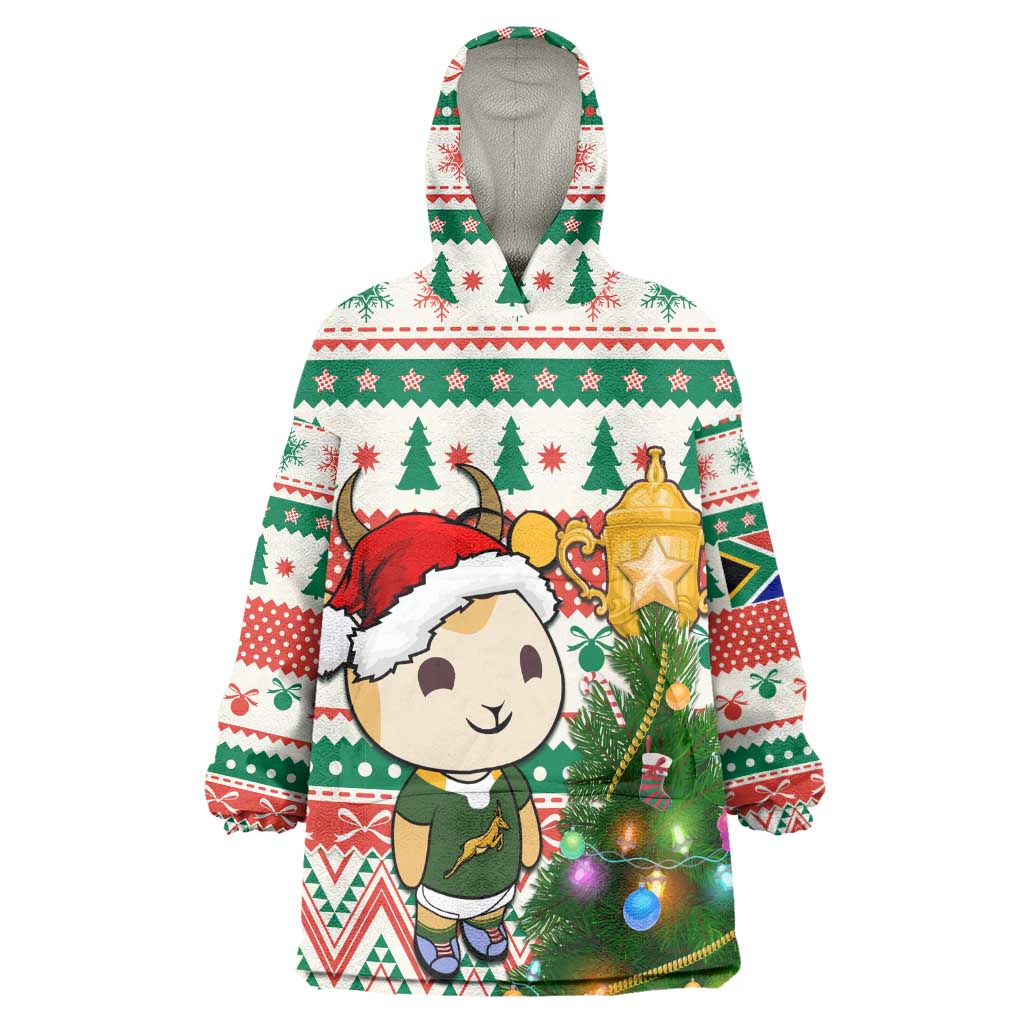 Personalized South Africa Rugby Christmas Wearable Blanket Hoodie with Cute Springbok and Christmas Tree