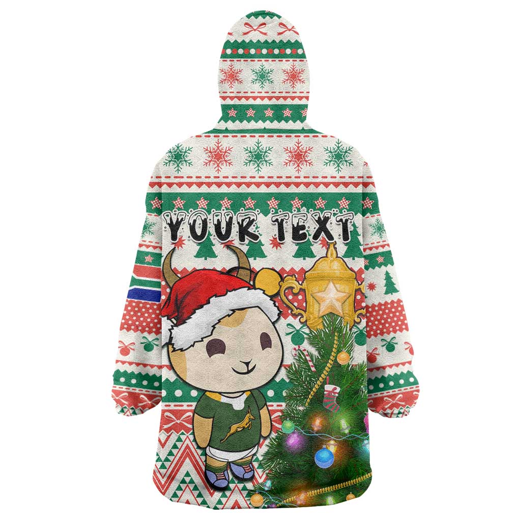 Personalized South Africa Rugby Christmas Wearable Blanket Hoodie with Cute Springbok and Christmas Tree