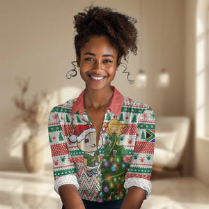 Personalized South Africa Rugby Christmas Women Casual Shirt with Cute Springbok and Christmas Tree