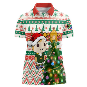 Personalized South Africa Rugby Christmas Women Polo Shirt with Cute Springbok and Christmas Tree