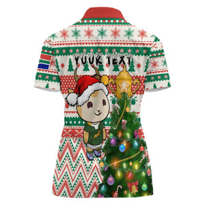 Personalized South Africa Rugby Christmas Women Polo Shirt with Cute Springbok and Christmas Tree