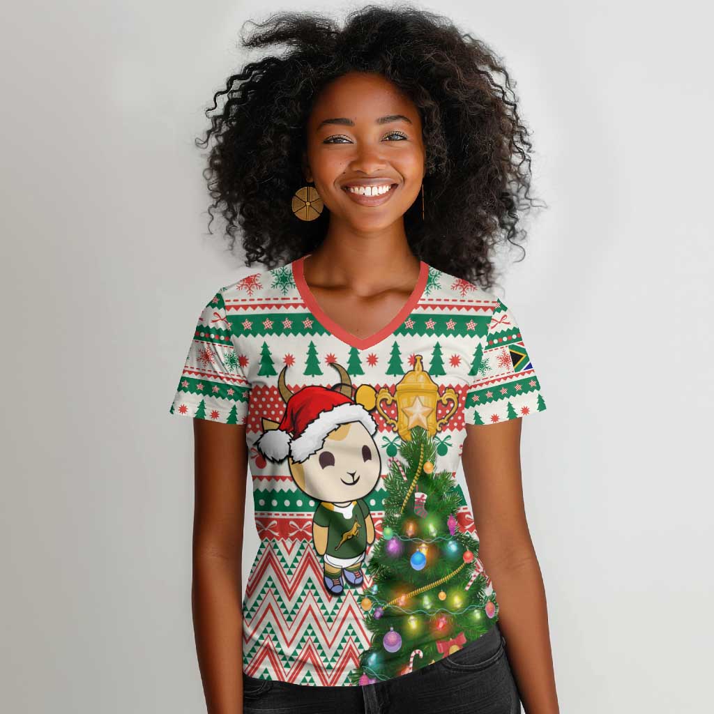 Personalized South Africa Rugby Christmas Women V-Neck T-Shirt with Cute Springbok and Christmas Tree