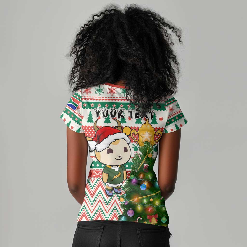 Personalized South Africa Rugby Christmas Women V-Neck T-Shirt with Cute Springbok and Christmas Tree