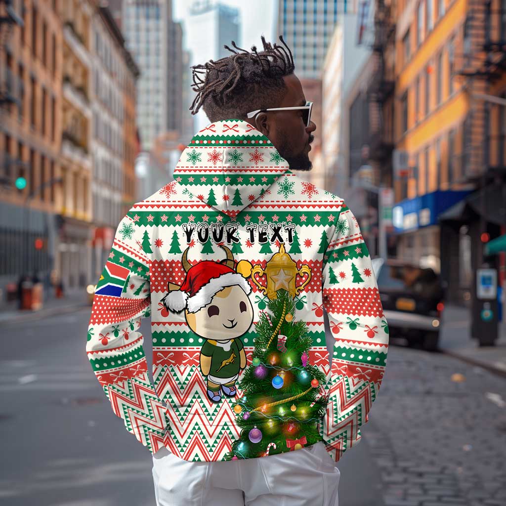 Personalized South Africa Rugby Christmas Zip Hoodie with Cute Springbok and Christmas Tree