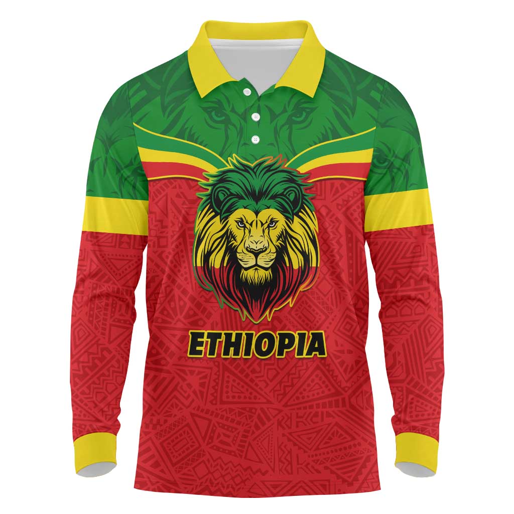 Personalized Ethiopia Long Sleeve Polo Shirt with Lion of Judah Flag Style - Special Version