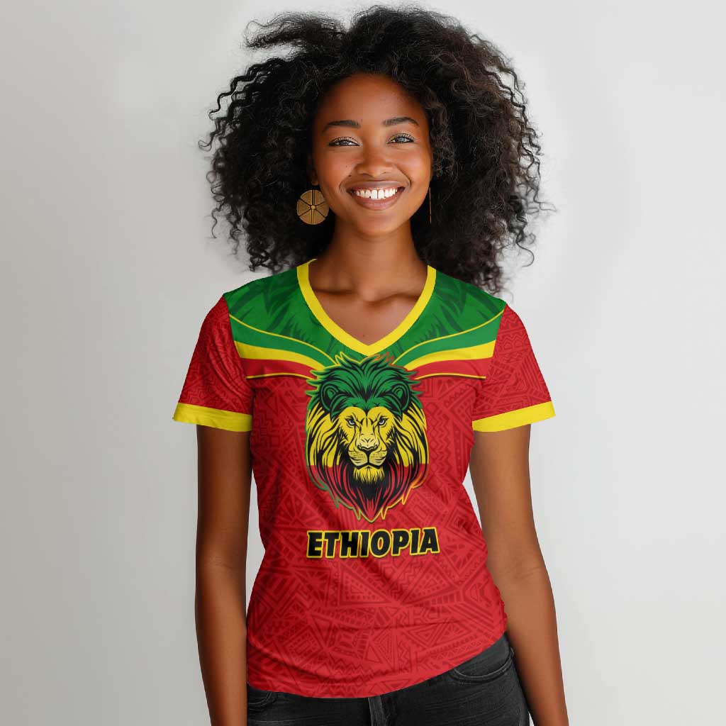 Personalized Ethiopia Women V-Neck T-Shirt with Lion of Judah Flag Style - Special Version