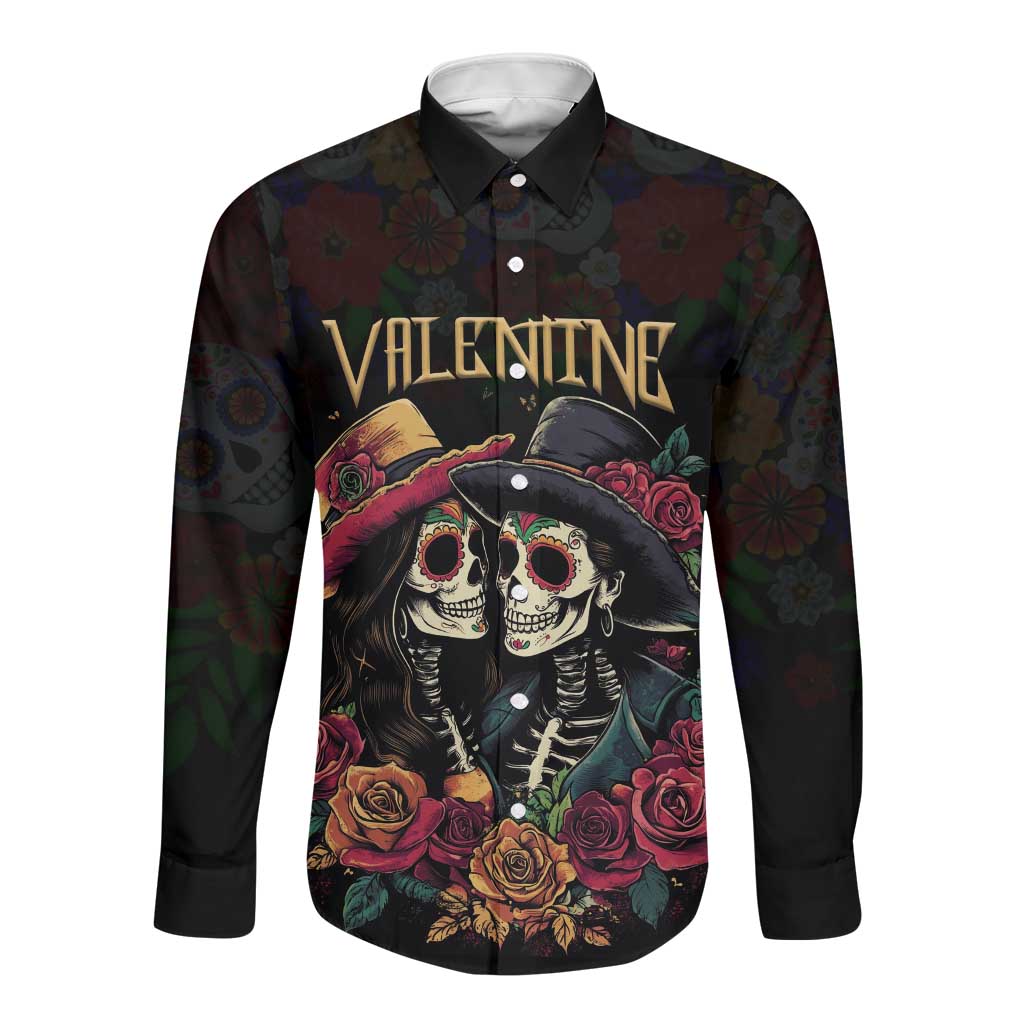 Personalised Sugar Skull Couple Valentine Long Sleeve Button Shirt Roses Romantic Love