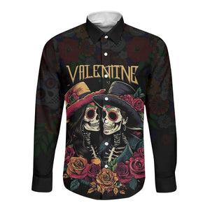 Personalised Sugar Skull Couple Valentine Long Sleeve Button Shirt Roses Romantic Love