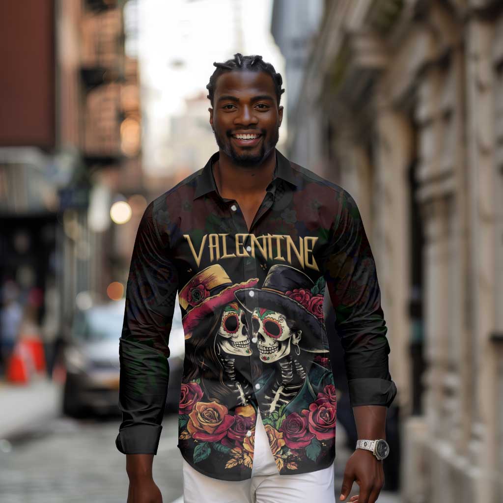 Personalised Sugar Skull Couple Valentine Long Sleeve Button Shirt Roses Romantic Love