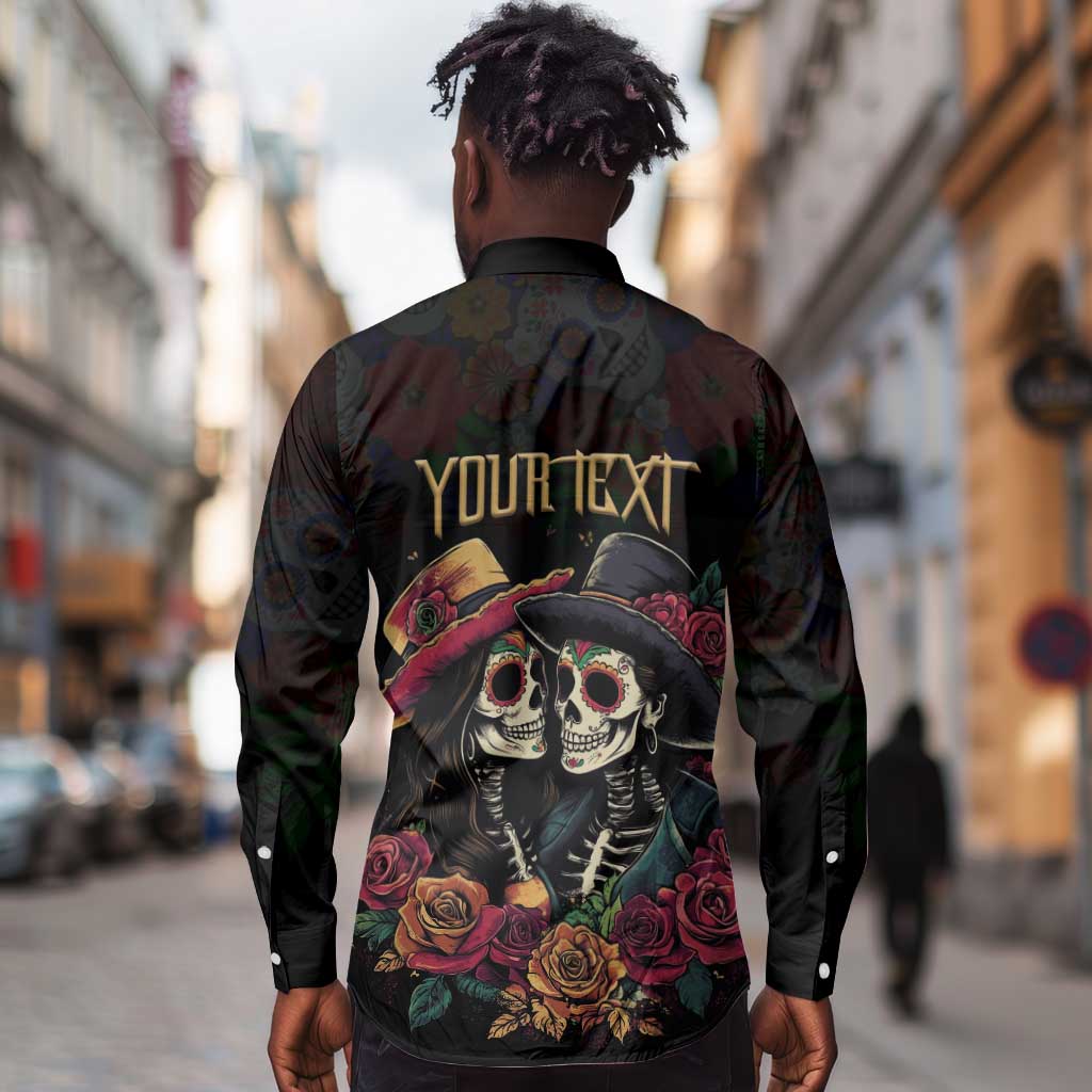 Personalised Sugar Skull Couple Valentine Long Sleeve Button Shirt Roses Romantic Love