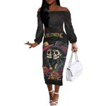 Personalised Sugar Skull Couple Valentine Off The Shoulder Long Sleeve Dress Roses Romantic Love