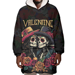 Personalised Sugar Skull Couple Valentine Wearable Blanket Hoodie Roses Romantic Love