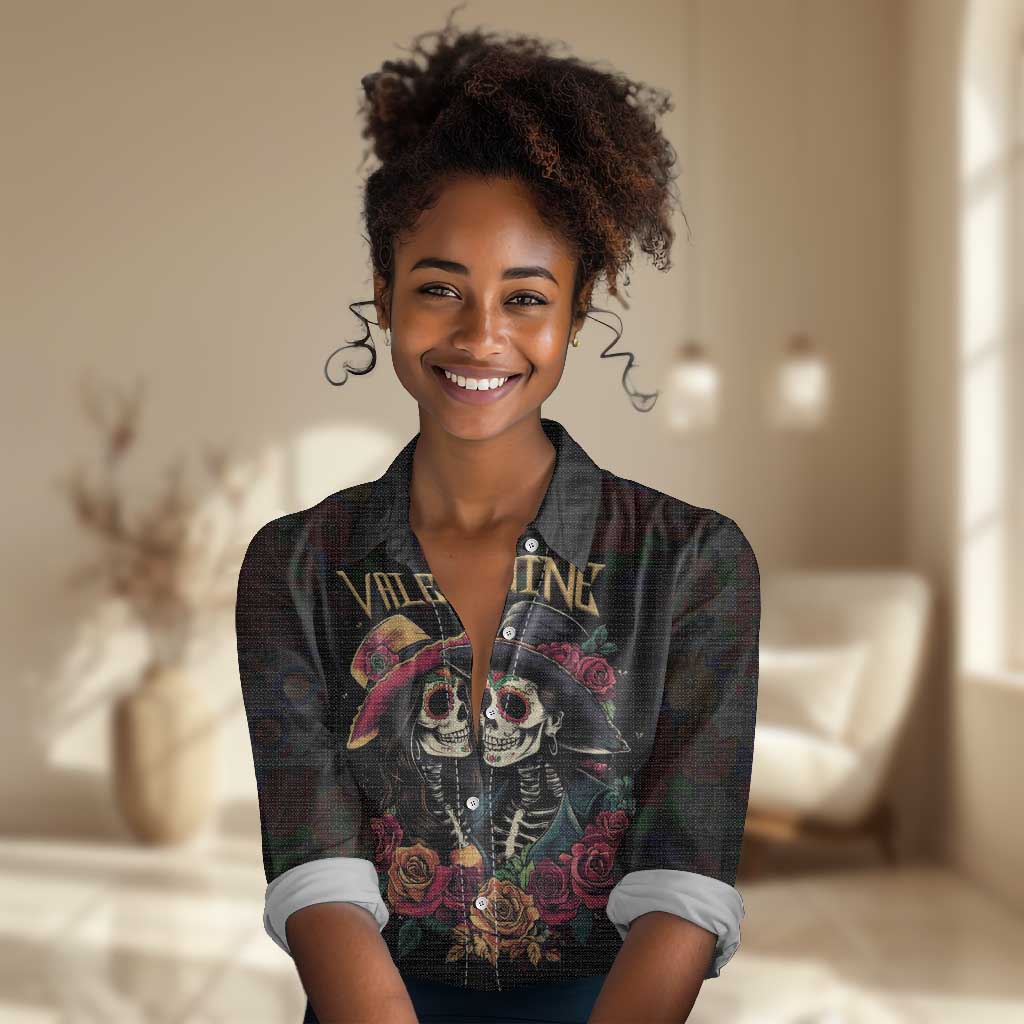 Personalised Sugar Skull Couple Valentine Women Casual Shirt Roses Romantic Love