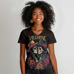 Personalised Sugar Skull Couple Valentine Women V-Neck T-Shirt Roses Romantic Love