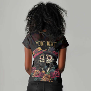 Personalised Sugar Skull Couple Valentine Women V-Neck T-Shirt Roses Romantic Love
