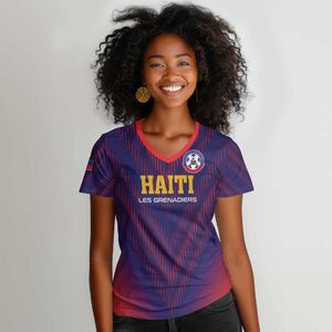 Custom Afro Haiti Football Women V-Neck T-Shirt Come On Les Grenadiers