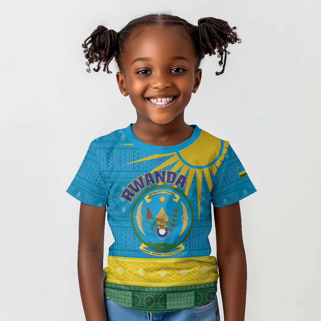 Personalized Rwanda Kid T shirt Coat of Arms With African Pattern