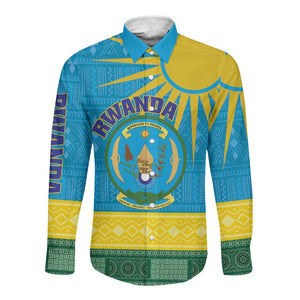 Personalized Rwanda Long Sleeve Button Shirt Coat of Arms With African Pattern