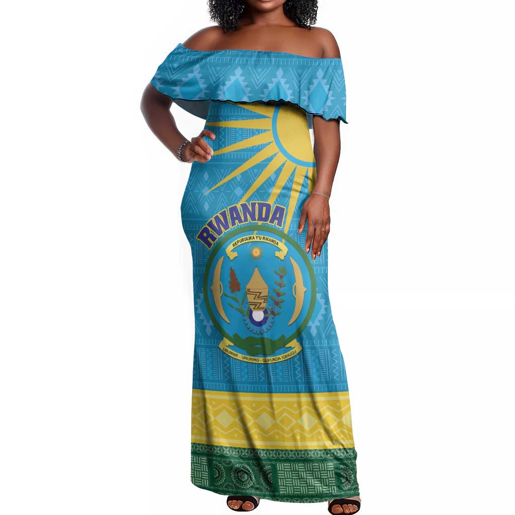 Personalized Rwanda Off Shoulder Maxi Dress Coat of Arms With African Pattern