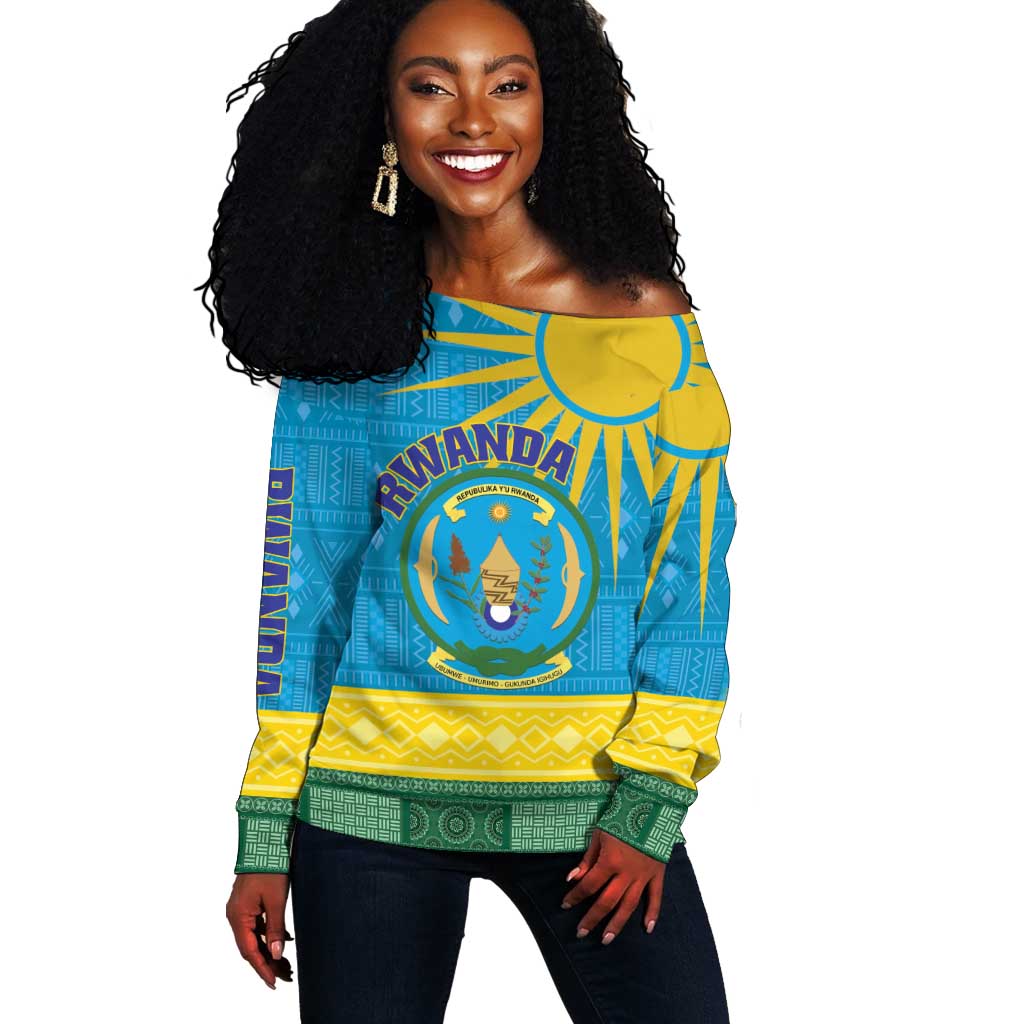 Personalized Rwanda Off Shoulder Sweater Coat of Arms With African Pattern