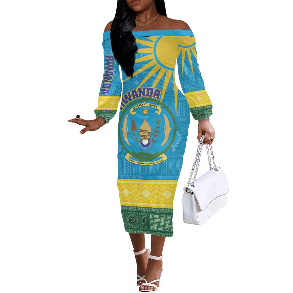 Personalized Rwanda Off The Shoulder Long Sleeve Dress Coat of Arms With African Pattern