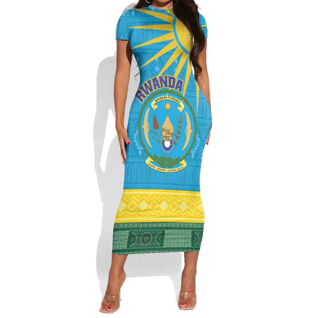 Personalized Rwanda Short Sleeve Bodycon Dress Coat of Arms With African Pattern