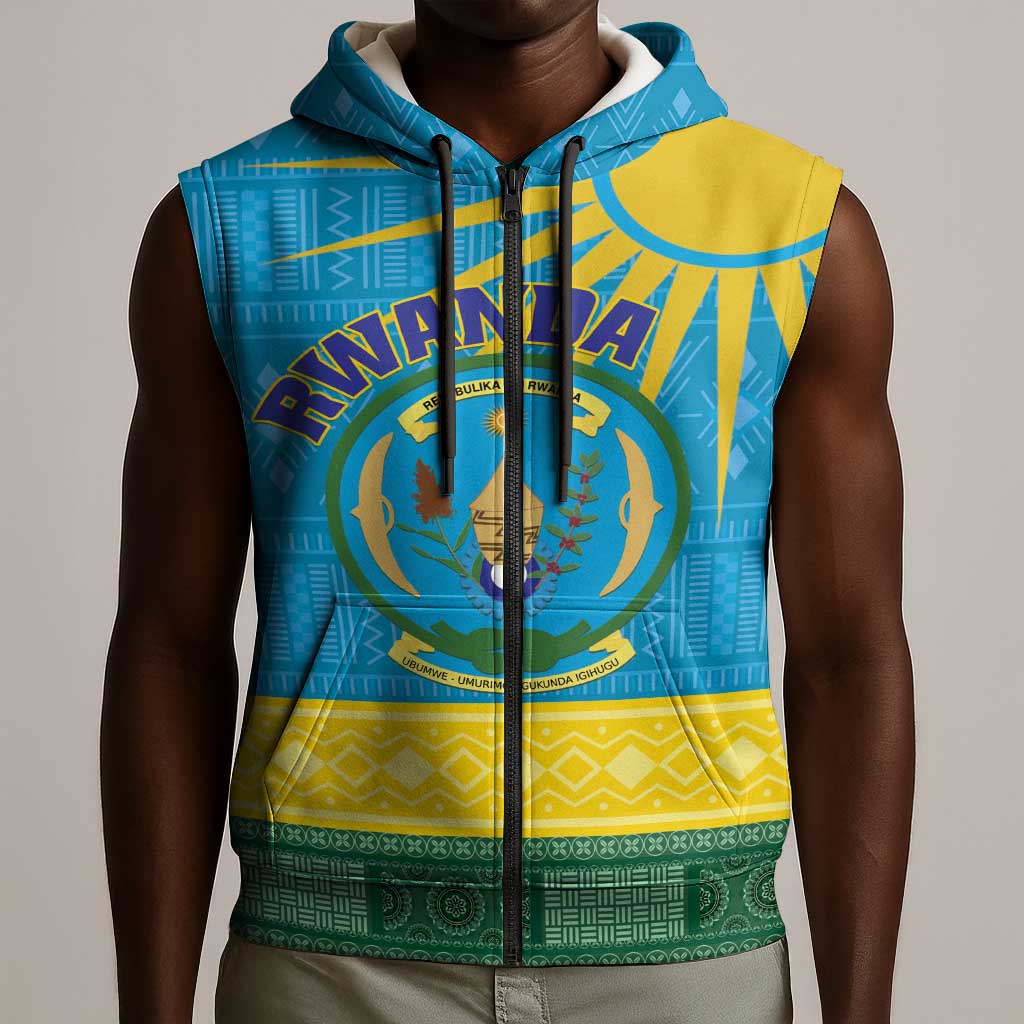 Personalized Rwanda Sleeveless Zip Hoodie Coat of Arms With African Pattern - African Pride