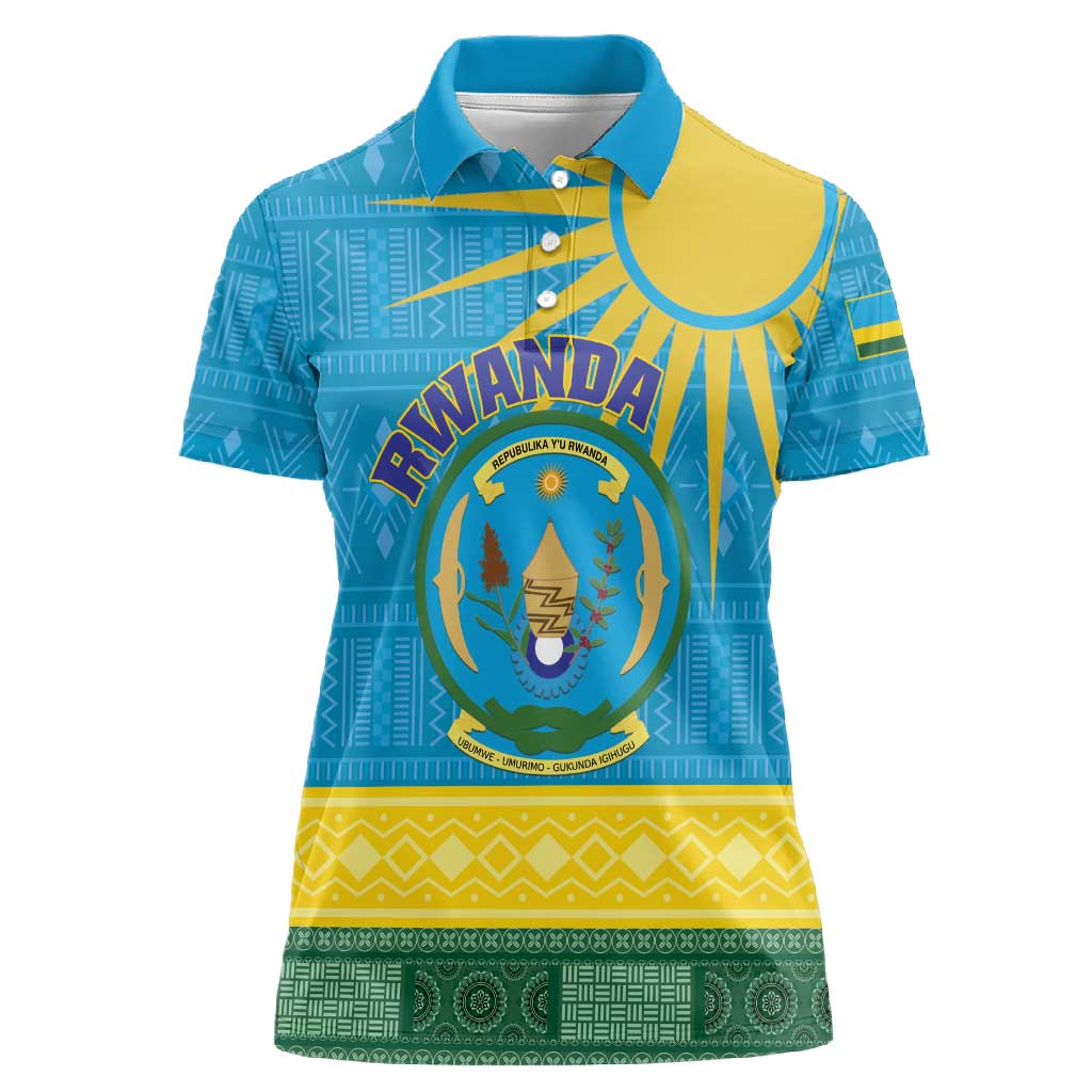 Personalized Rwanda Women Polo Shirt Coat of Arms With African Pattern