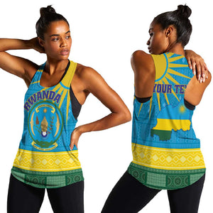 Personalized Rwanda Women Racerback Tank Coat of Arms With African Pattern