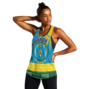 Personalized Rwanda Women Racerback Tank Coat of Arms With African Pattern