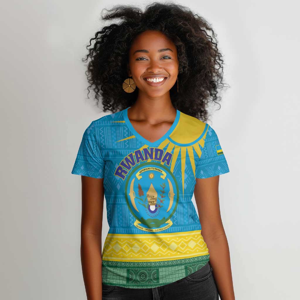 Personalized Rwanda Women V-Neck T-Shirt Coat of Arms With African Pattern