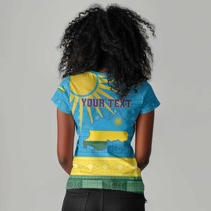 Personalized Rwanda Women V-Neck T-Shirt Coat of Arms With African Pattern