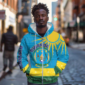 Personalized Rwanda Zip Hoodie Coat of Arms With African Pattern