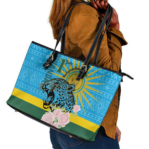 Rwanda Independence Day Leather Tote Bag Leopard With Roses