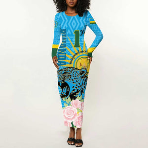 Rwanda Independence Day Long Sleeve Bodycon Dress Leopard With Roses