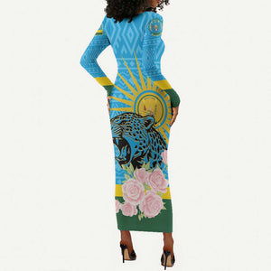 Rwanda Independence Day Long Sleeve Bodycon Dress Leopard With Roses