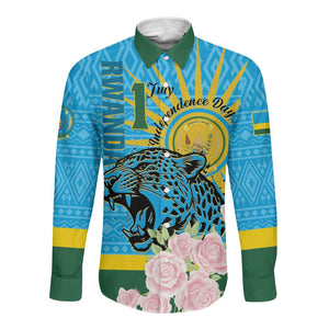 Rwanda Independence Day Long Sleeve Button Shirt Leopard With Roses