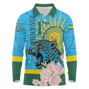 Rwanda Independence Day Long Sleeve Polo Shirt Leopard With Roses