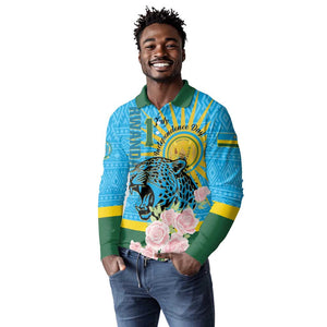 Rwanda Independence Day Long Sleeve Polo Shirt Leopard With Roses